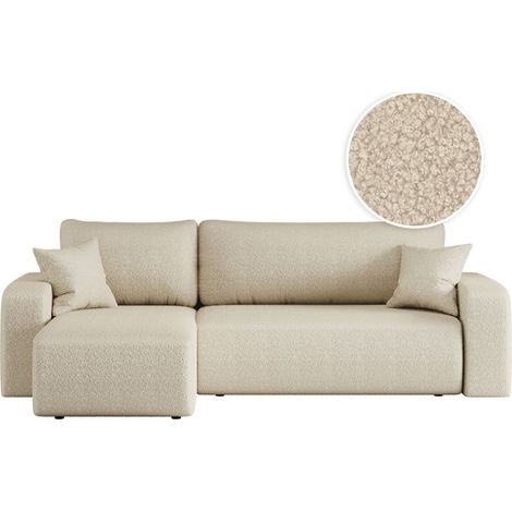 Loungitude – Canapé d'angle convertible 4 places – Tissu bouclette beige – Angle réversible – Coffre de rangement intégré – Lit d'appoint confortable (1/5)