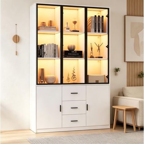 Vitrina con luz LED, frente de cristal, 5 puertas, 3 cajones, 120x30x200 cm, blanca (1/5)