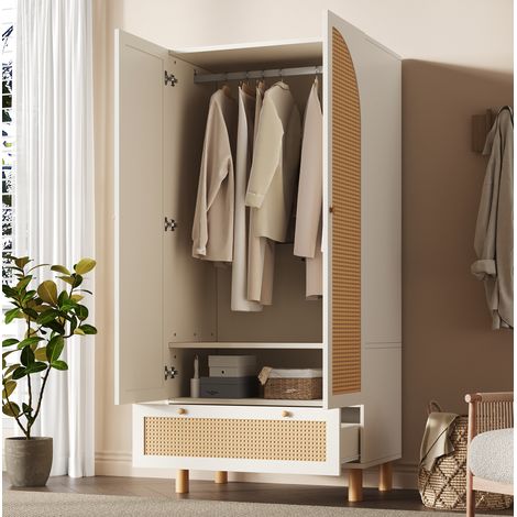 Armadio 85.5x52x180.5 cm bianco in legno con ante in rattan, cassetto grande, ripiani regolabili e barra appendiabiti (1/5)