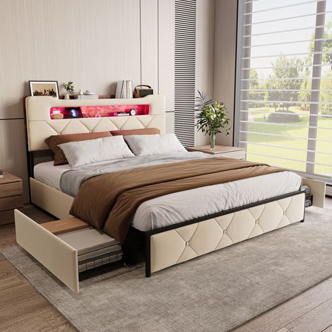 Lit coffre 140 × 200 cm – 4 tiroirs de rangement – Tête de lit rembourrée velours – Éclairage LED et ports USB – Sommier à lattes en bois – Pour adulte et adolescent – Beige (1/5)