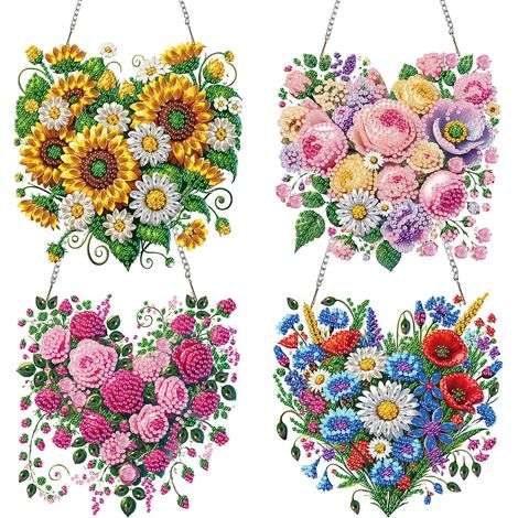 Guirlande de peinture diamant printanière, décoration papillon, couronne de porte, pendentif peinture diamant avec chaîne, kits de décoration murale pour fenêtre, mur et entrée - Cœur (1/5)