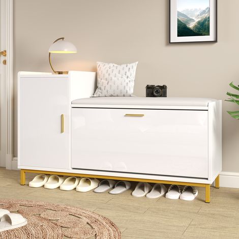 Zapatero 100x38x68 cm con 2 estantes 1 armario asiento acolchado patas metálicas blanco brillante (1/5)