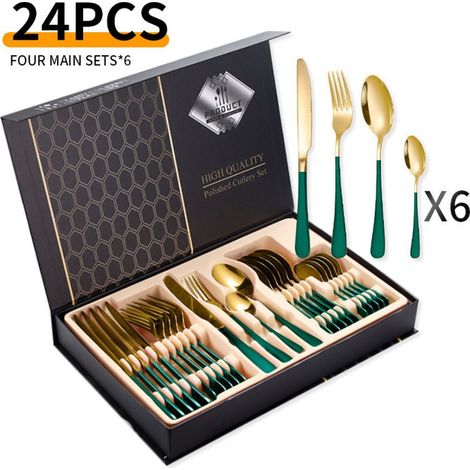 Ensemble de couverts 24 pièces en acier inoxydable – pour 6 personnes – acier inoxydable – vert/or (1/4)
