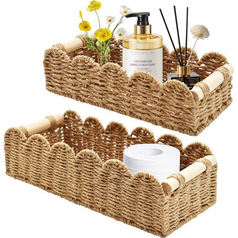 2 Pièces Panier Rangement Osier, Corbeille Rangement Papier Toilette Tressé avec Poignées en Bois, Boite Rotin pour Cuisine (1/4)