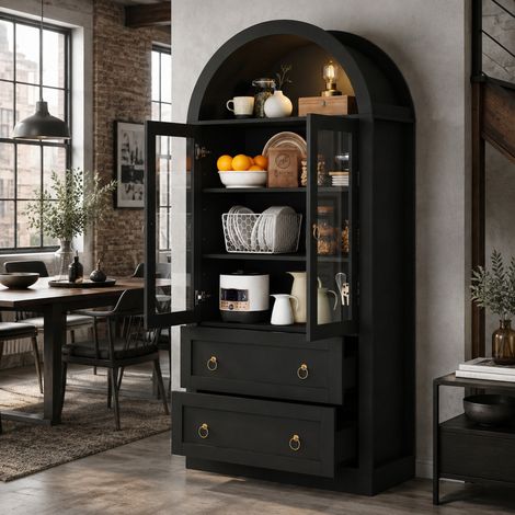 Aparador alto en arco 80 x 36 x 170 cm con puertas de cristal y cajones, negro OKMYHOME (1/5)