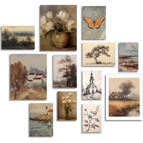 Art Mural Vintage Rural Français, Tableau Décoration Murale Paysage Rustique en Toile, Affiche Art Cottagecore pour Chambre Salle de Bain Ferme, Sans Cadre, Lot de 12 (1/5)