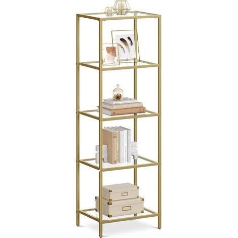 Étagère en Verre à 5 Niveaux, Bibliothèque, Étagère de Rangement, Verre Trempé, Facile à Monter, pour Salle de Bain, Salon, Chambre, Bureau, Doré (1/5)