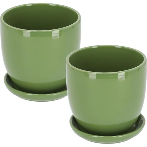 KOTARBAU Lot de 2 pots de fleurs en céramique pour fleurs, plantes, diamètre 20 cm avec bac d'égouttement Vert (1/5)