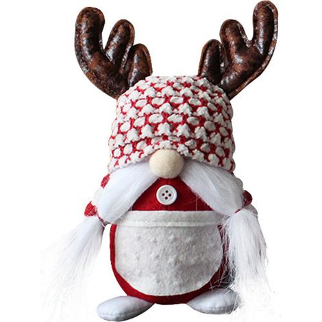 Nain de Noël sans visage, debout, avec des bois, en peluche, servant de décoration de Noël, orné d'une tresse. (1/5)