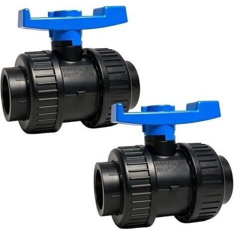 Pair Vanne à bille en PVC Ø 40 mm - Lot de 2 - Double union, soudable par solvant - Pression nominale PN16 bar - Résistante aux produits chimiques (60 °C) - Convient pour piscines, jardins, irrigation (1/4)