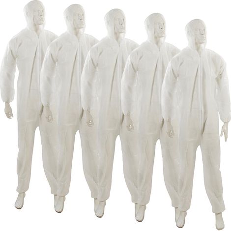 Dapetz ® 5 Pack Disposable Coverall Protective Suits Overall Suits with Hood XXL 185cm 73", Elastic Cuffs, Ankles, and Hood, Zip Front Opening for Painting, Cleaning, Safety Workwear, Men, Women (1/5)