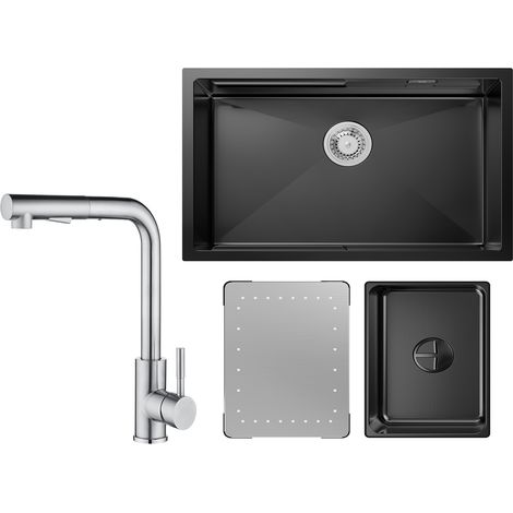 Cecipa Lavello Cucina 1 Vasca Antracite con Gocciolatoio e Vasca Lavello Incasso 70×44×21CM + Miscelatore Cucina Spazzolato con Doccetta Estraibile (1/5)