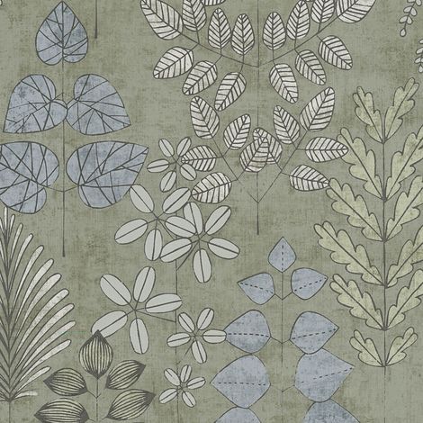 Country style wallpaper wall Profhome 791491 hot embossed non-woven wallpaper slightly textured with floral ornaments matt green light blue light grey 5,33 m2