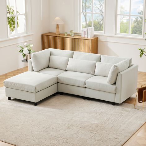 Divano angolare 220x83x81 cm beige in lino con pouf mobile e cuscini lombari (1/5)