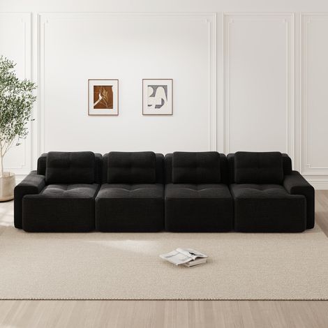 Canapé modulaire 4 places velours côtelé noir, assise profonde antidérapante, canapé sans accoudoirs pour salon, assemblage libre confortable (1/4)