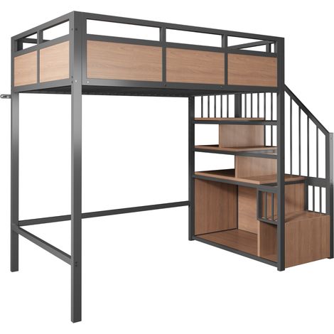 Letto a soppalco in metallo 90 x 200 cm con pannelli in legno, scala reversibile e LED, nero (1/5)