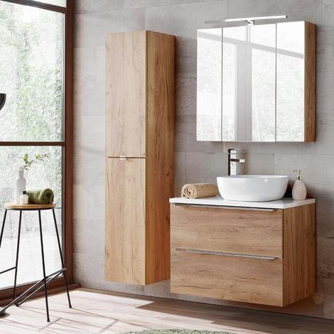 Badezimmermöbel Set mit Keramik-Aufsatzwaschbecken TOSKANA-56 Wotaneiche/Hochglanz weiß BxHxT ca. 135/190/46cm (1/5)