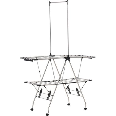 Stendibiancheria pieghevole con ruote, ampia superficie di asciugatura, acciaio inox, 138,5 x 63 x 208 cm, argento/nero