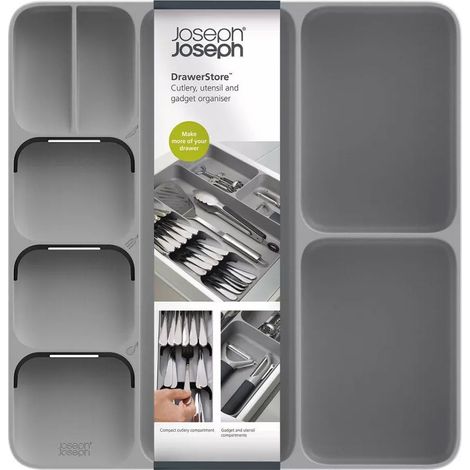 Organizador de cubertería y utensilios Joseph Joseph DrawerStore, 5 compartimentos para cubiertos y 3 para utensilios, gris, optimiza el espacio de cajones