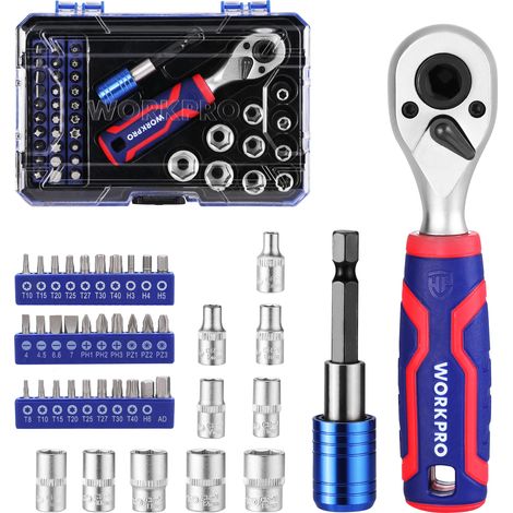 WORKPRO Coffret de Douilles et Embouts 42 Pièces, Mini Clés à Cliquet 1/4" Double Tête 2-en-1, Porte Embouts Magnétique, Outils de Réparation pour Vélos, Voitures et Maison (1/5)