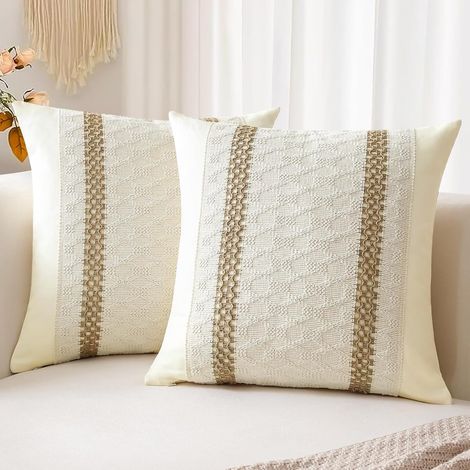 housse de coussin décorative bohème en et toile jute texturée à rayures tissées pour canapé salon double rayure Lot de 2 Coton (1/3)