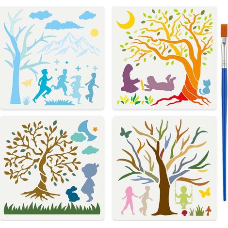 4 Pcs Pochoirs Enfants Arbres avec Pinceau 30x30cm 4 Styles Pochoirs Enfants Jouant sous les Arbres Réutilisables Gabarits Humain Nature pour Peinture sur Bois Mur Meuble DIY Déco Maison (1/5)