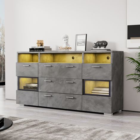 Aparador 140x33,5x72,5 cm con LED, 2 puertas, 3 cajones y 3 compartimentos abiertos, de madera, gris (1/5)