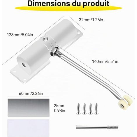 Spring Door Closer, Adjustable Automatic Door Closer, Spring Door Closer with Mounting Plate and Screws, Suitable for Interior Doors, Glass and Entry Doors (White) (1/2)