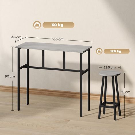 Un ensemble de 6 pièces pour la cuisine et le salon, comprenant quatre tabourets de bar en aggloméré et acier et deux tables hautes, de couleur grise. (1/5)