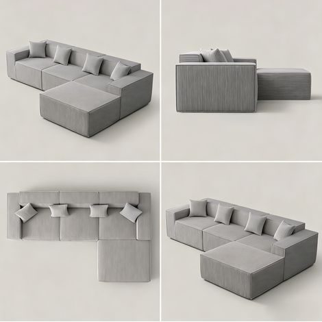 Canapé d'angle modulable convertible 3 places en tissu côtelé gris, assise profonde, confort mousse, sans montage, 279 cm, pour salon moderne – CHICFURN (1/5)