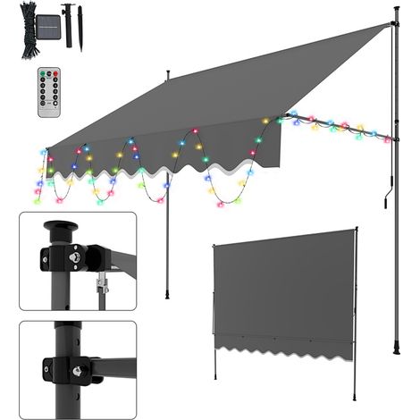Randaco Klemmmarkise mit LED 300x120cm Balkonmarkise, UV-beständig 50+ höhenverstellbar Sonnenschutz ohne Bohren für Terrasse und Balkon Grau