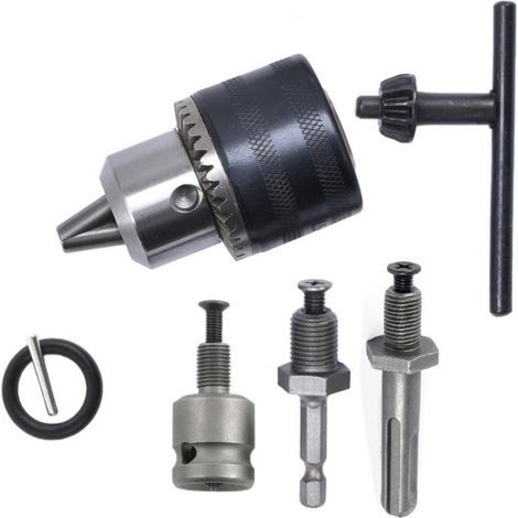 Ensemble de 5 mandrins de perçage : mandrin à bague dentée 1,5-13 mm, mandrin à bague dentée 1/2-20UNF, mandrin de perçage SDS-Plus, mandrin de visseuse à percussion, mandrin avec clé. (1/5)