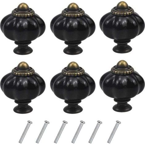 Set di 6 maniglie per mobili vintage a forma di zucca, pomelli per cassetti con viti per mobili da cucina, cassettiere e armadi (neri). (1/4)