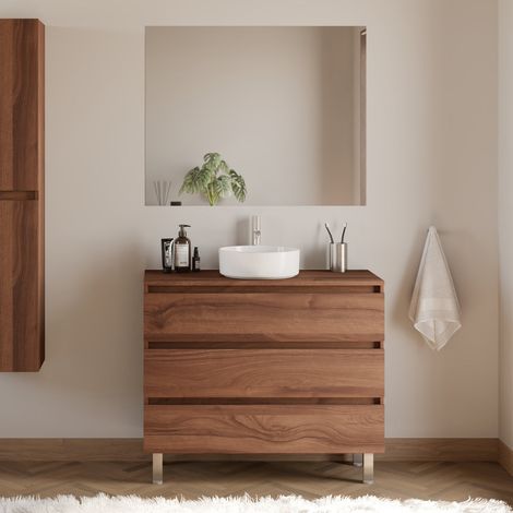 Meuble de salle de bain 100cm avec plateau et vasque à poser ronde - 3 tiroirs - noyer (bois foncé) - MAYOR