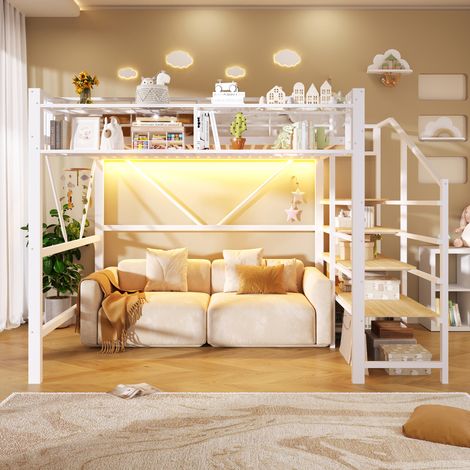 Lit mezzanine métal 140 x 200 cm blanc LED escalier étagère panneaux grillagés panier et rangement ouvert sous lit sans matelas (1/5)