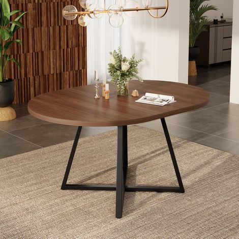 Table à manger extensible 100-140x100 cm - Table 4-6 personnes avec plateau 3 cm, rallonge intégrée et pieds métal, effet noyer (1/5)