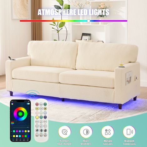 Canapé chenille moderne 2 places avec USB-C, éclairage d'ambiance LED, porte-gobelets et poches latérales. Structure en bois/métal avec mousse de confort. Idéal pour le salon, la chambre ou le bureau. (1/5)