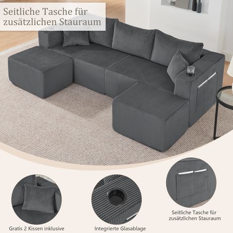 Canapé d'angle modulable 3 places en L compact, velours côtelé gris, avec poufs détachables, porte-verre, rangement latéral et coussins inclus, parfait pour salon, hôtel ou appartement locatif. (1/5)