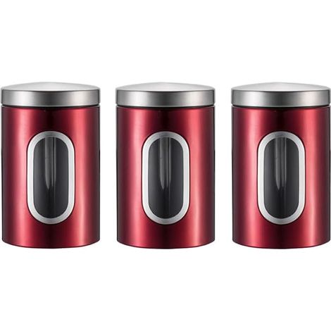 Ensemble de 3 boîtes de rangement en acier inoxydable avec couvercles, bocaux pour thé, café et sucre, élégants récipients de conservation des aliments avec fenêtre transparente (rouge sablé) (1/5)