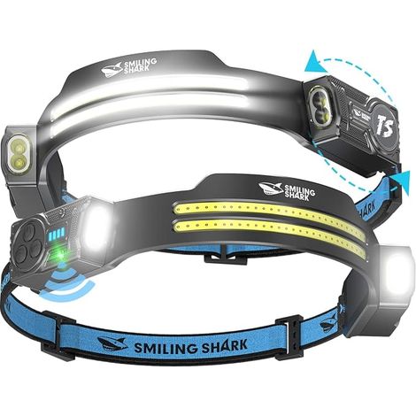 Linterna frontal Smiling Shark, paquete de 2 linternas frontales LED recargables ultra potentes con 2 haces de luz amplios y haz puntual ajustable, sensor de movimiento, batería de 2400 mAh, 5 modos p (1/5)