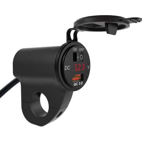 Caricabatterie USB per moto 12V 2.4A 3.0 Adattatore per caricabatterie per telefono per moto con voltmetro digitale e interruttore on/off Adatto per manubri da 22 mm a 26 mm