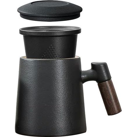 Tasse à Thé avec Couvercle et Passoire, Tasses à thé en Porcelaine Grande 400ml avec Infuseur et Poignée en Bois, Cup Céramique émaillée Mate Jumbo pour Cadeaux Thé ou Infuser Café,sans Plastique Noir
