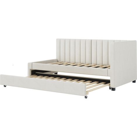 Lit banquette 90x200 extensible, en velours beige, avec sommier à lattes, couchage d’appoint élégant pour chambre, enfant ou invité - CHICFURN (1/5)