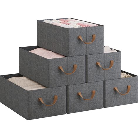 WOLTU Set of 6 Foldable Storage Boxes, Fabric Containers with Handles, 47x28x20 cm, Grey+Brown