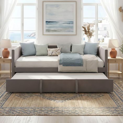 Divano Letto 90/180x200 cm - Divano Letto Estraibile 3 in 1 in Velluto con Rete a Doghe, Design Moderno per Camera e Soggiorno - Grigio (1/5)