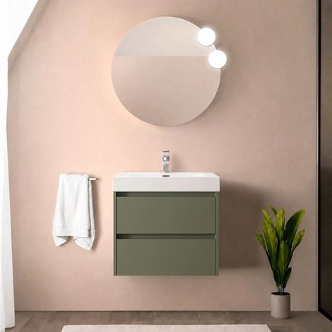 Mobile bagno sospeso 70 cm verde satinato con due cassetti e lavabo in resina Gaya (1/5)
