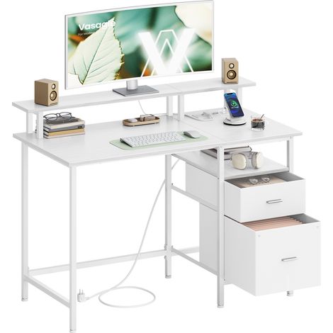 Vasagle – Bureau gamer avec tiroirs en tissu – Table informatique 120 x 60 cm – Support d'écran et multiprise 2 ports USB – Blanc érable