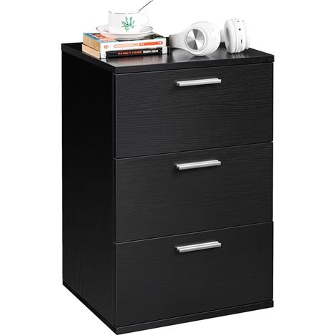 Homevive Mesilla de Noche con Tres Cajones de Dormitorio Habitación Mesita Organizadora para Salón Esquina Madera Versátil Negro