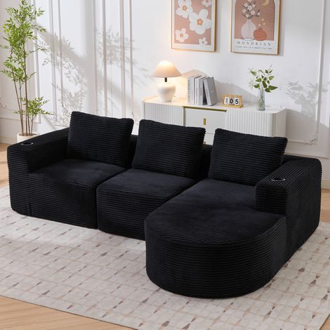 Sofá esquinero 265x176x60 cm negro en poliéster tapizado con 3 cojines y 2 portavasos (1/5)