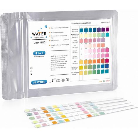 50 Bandelettes Test Eau Aquarium 9 en 1, Test Aquarium : Test PH, GH, KH, Nitrites, Nitrates, Chlore, Fer, Cuivre – Kit Rapide pour Eau Douce, Mer, Étang et Crevettes (1/5)